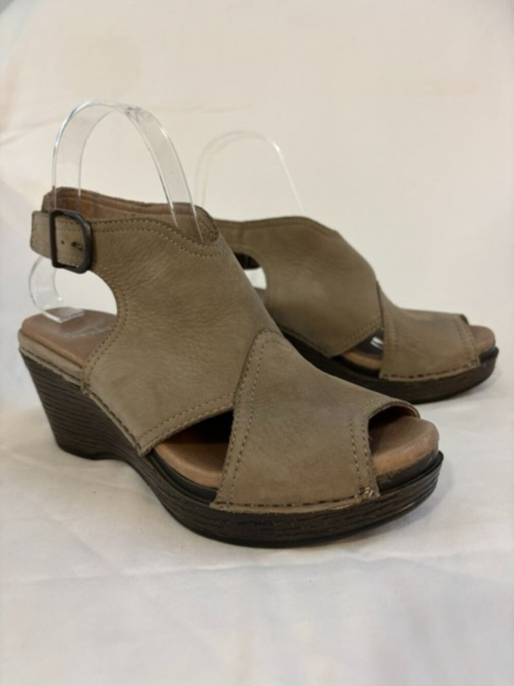 Dansko Vanda Taupe Leather Peep Toe Slingback Wedge Sandals Size 37 (6.5 US)